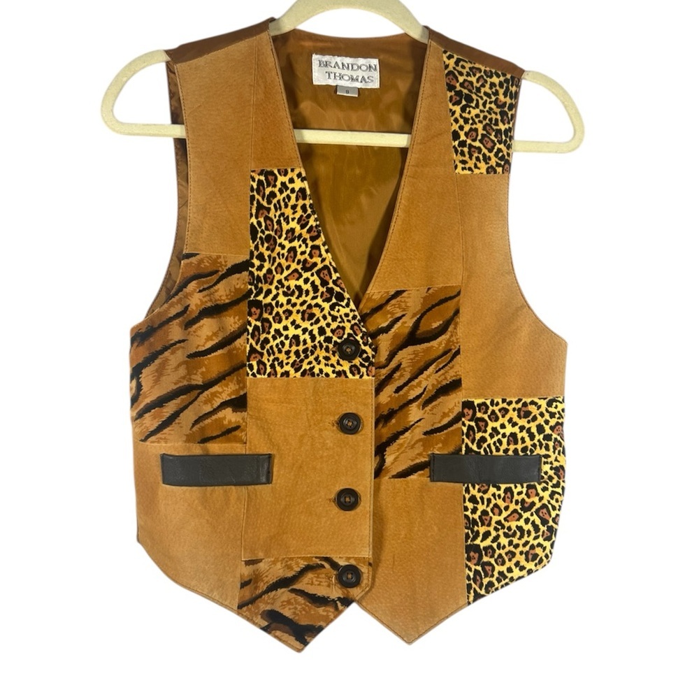 Brandon Thomas women's tan suede leather vest animal print patchwork Small